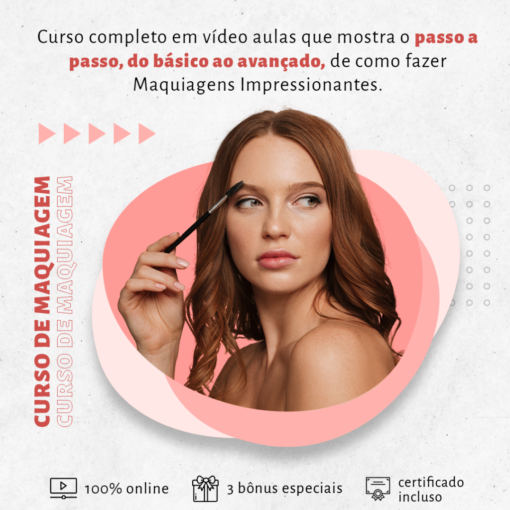 Fundo completamente branco. No meio, uma mulher envolta num meio círculo rosa. Ela é ruiva e aparece seu rosto até o colo. Com a mão direita ela segura um pincel e passa levemente sobre a sobrancelha.
