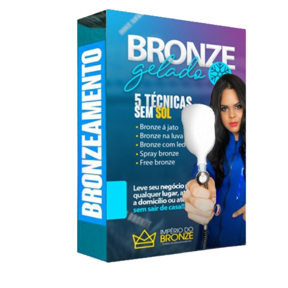 Com fundo preto, um livro grande azul contendo uma mulher morena segurando um instrumento apropriado para bronzeamento gelado. Ainda na capa desse livro aparecem as 5 técnicas para bronzeamento sem sol.
