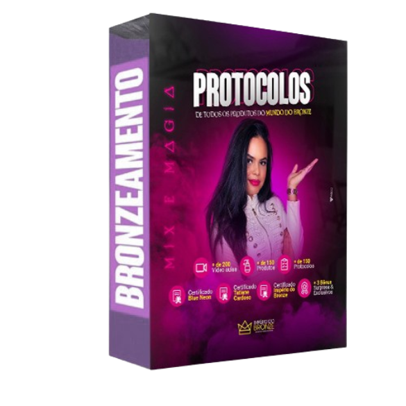 Com fundo preto, um livro grande rosa lilás, contendo uma mulher morena com a mão esquerda levemente levantada. Na capa desse livro aparecem a descrição: Protocolos do mundo do Bronze.